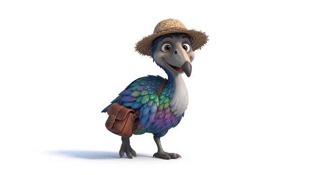A charming 3d cartoon style dodo bird wearing a hat and satchel, ready for adventure, on a clean white background