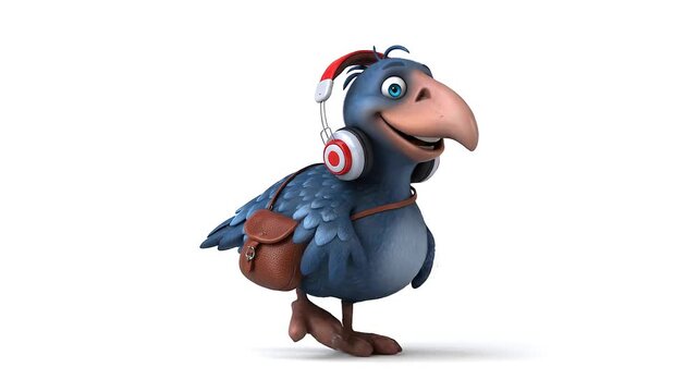 A cheerful 3d cartoon style dodo bird wearing headphones and a satchel, ready for adventure on a clean white background