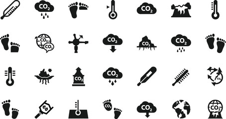 Obraz premium Thermometers and carbon dioxide cloud icons represent the global climate change crisis with various environmental data symbols in a flat black graphic set.