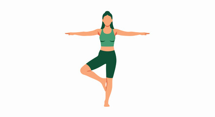 Fototapeta premium A female character doing yoga balancing pose with arms extended in flat vector illustration