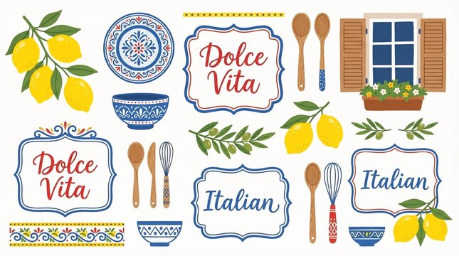 Dolce Vita Italian Vector Set with Lemons, Ceramics, Kitchen Elements and Mediterranean Decorative Design