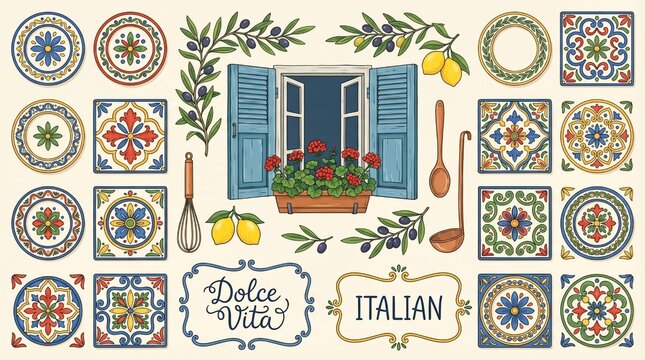 Italian Mediterranean Decorative Set with Ceramic Tiles, Lemons, Window and Dolce Vita Folk Art Illustration