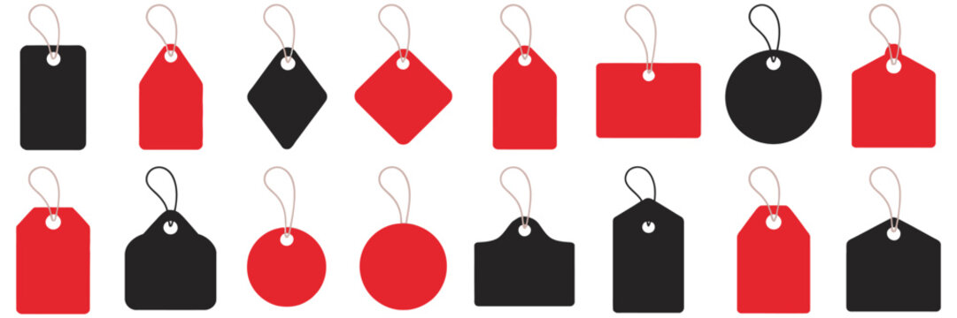 Price Tags Vector Set with Black and Red Hanging Label Shapes on White Background, Retail Sale Badges, Discount Stickers, Shopping Tag Icons