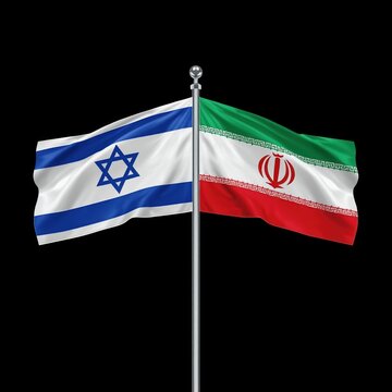 The flags of Israel and Iran waving side by side on a single pole against a black background
