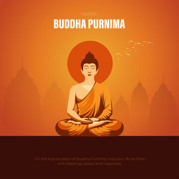 Happy Buddha Purnima Illustration with Meditating Buddha and Warm Sunset Spiritual Theme, vector illustration.
