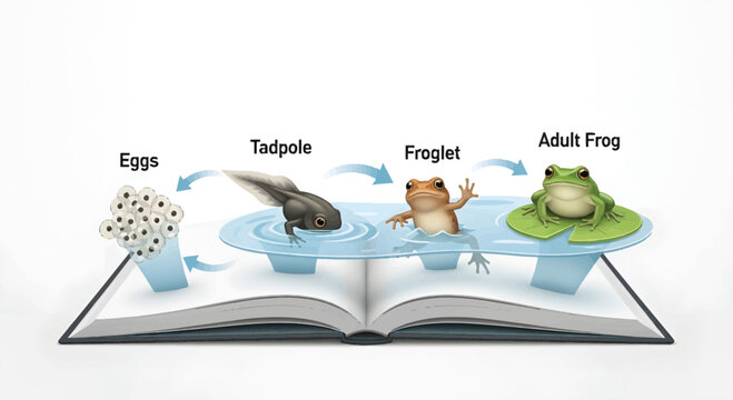 The fascinating life cycle of a frog, from egg to adult, depicted in an educational pop-up book illustration