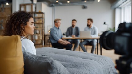 Fototapeta premium Diverse professionals participate in a focused brainstorming session within a stylish modern office workspace