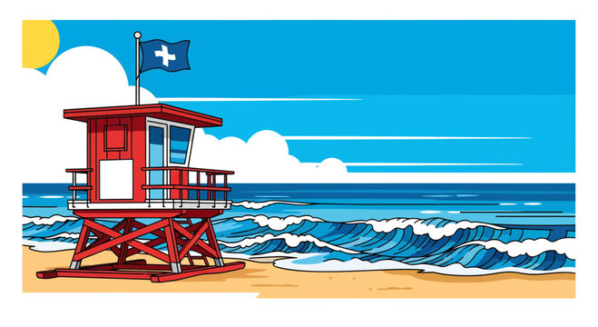 A vibrant cartoon illustration of a classic red lifeguard tower standing tall on a sandy beach with waves crashing under a bright blue sky