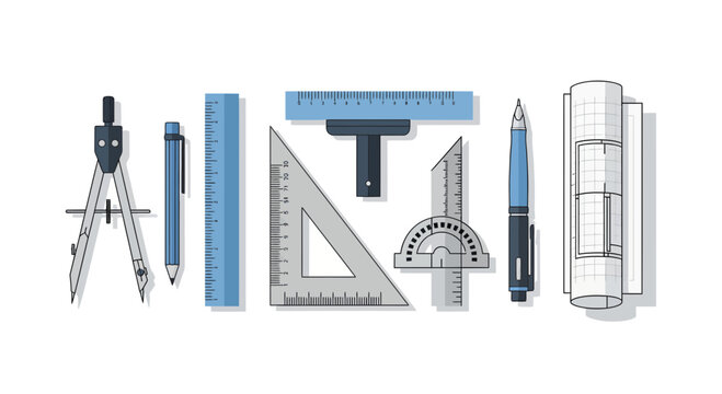 A collection of drafting and drawing tools, including compass, ruler, protractor, set square, and technical pen, arranged in a linear fashion on a white background