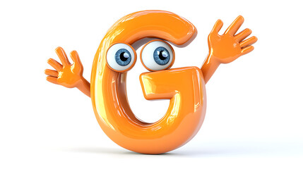 Obraz premium Groovy cartoon letter G with big eyes, waving hands, and high-gloss finish on white background 