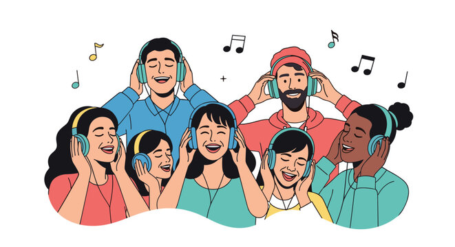 Diverse group of happy young people wearing colorful headphones listening to music and singing along with musical notes floating around.