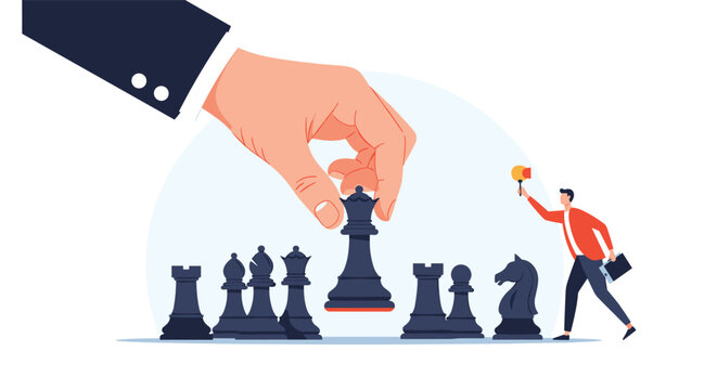 Large hand carefully moving a black queen chess piece on a board while a man in a red jacket observes the game nearby.