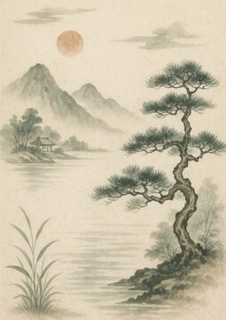 Serene landscape with traditional elegance.