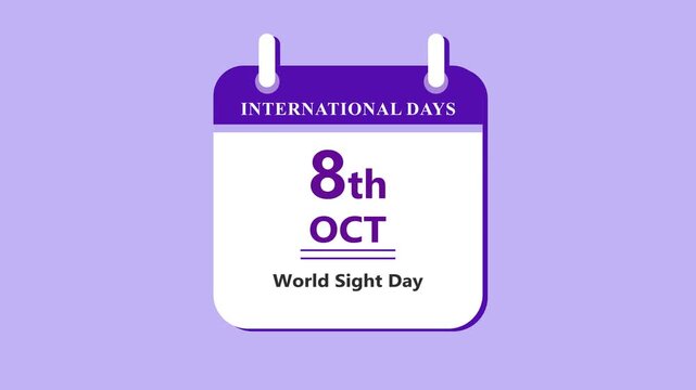 Vision awareness calendar interface featuring 8th October World Sight Day with clean minimal date layout and health design on purple background 4k visuals