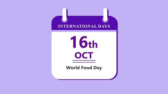 Food awareness calendar interface featuring 16th October World Food Day with clean minimal date layout and nutrition theme on purple background 4k animation video