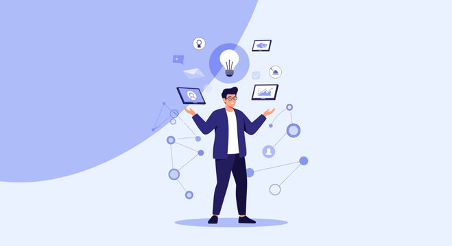 Businessman juggling technology, ideas, and data, representing multitasking and innovation