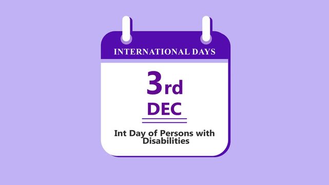 Disability awareness calendar interface showing 3rd December International Day of Persons with Disabilities with clean minimal date layout on purple background 4k visuals