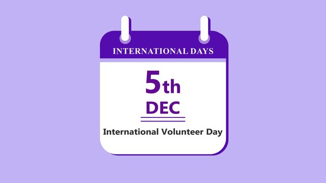 Volunteer awareness calendar interface featuring 5th December International Volunteer Day with clean minimal date layout and community theme on purple background 4k visuals