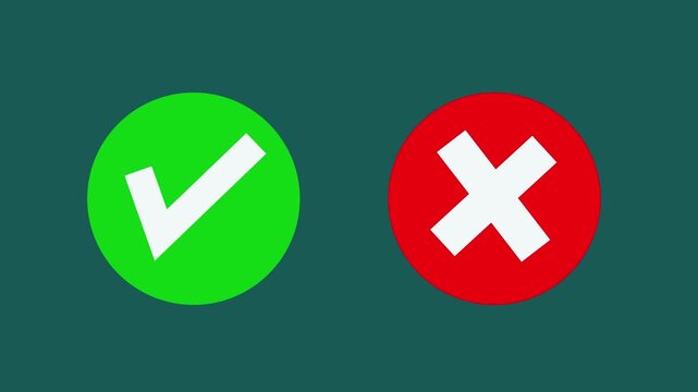 Green checkmark and red x cross symbols animation on dark background, for decision making, and feedback
