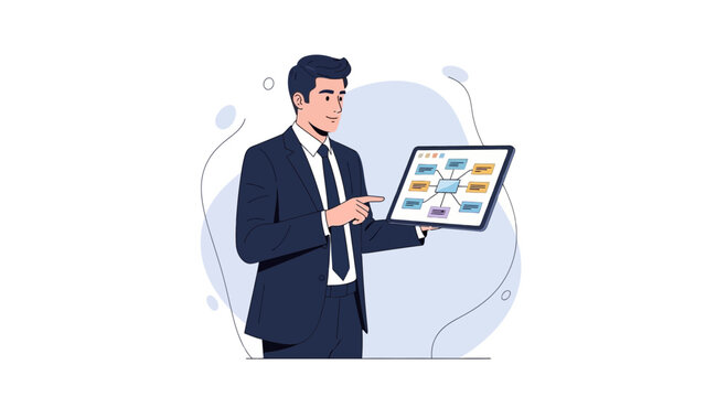 Businessman presenting mind map on tablet, business strategy, planning, and ideas