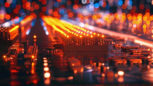 Close-up of computer hardware with colorful blue LED lights illuminating components on a circuit board