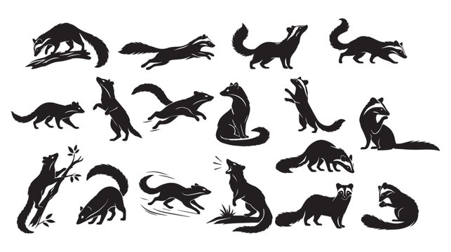 Silhouettes of ferrets with different movement styles. Cute animals running, sitting, standing. Vector animal set.