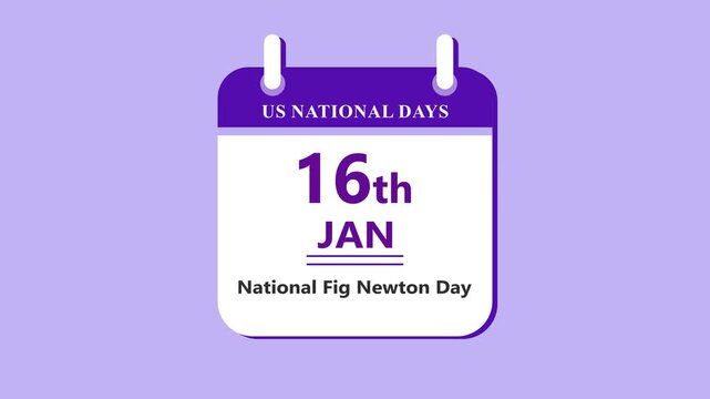 Food themed calendar interface showing 16th January National Fig Newton Day with clean minimal date layout and snack concept on purple background 4k visuals