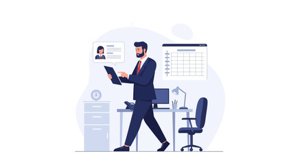 Fototapeta premium Businessman reviewing profile and calendar on tablet in modern office