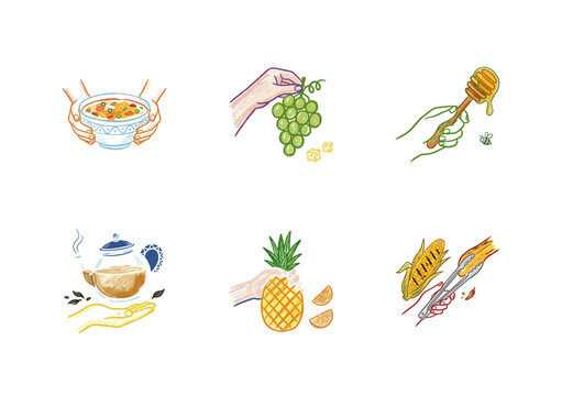 Human Hands Holding Food and Drinks Dining Concepts with Flat Vector Illustration Style and Solid Colors