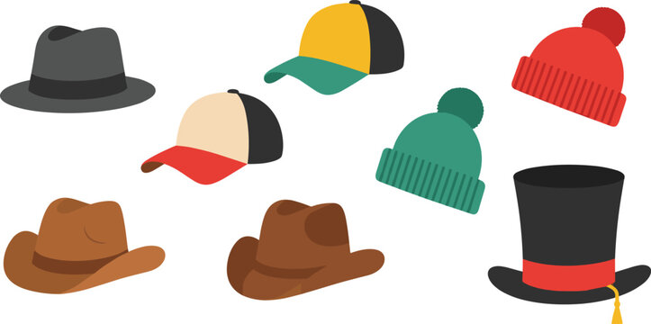 Collection of various stylish hats and caps including winter beanies cowboy hats fedoras and top hat flat vector illustration set.