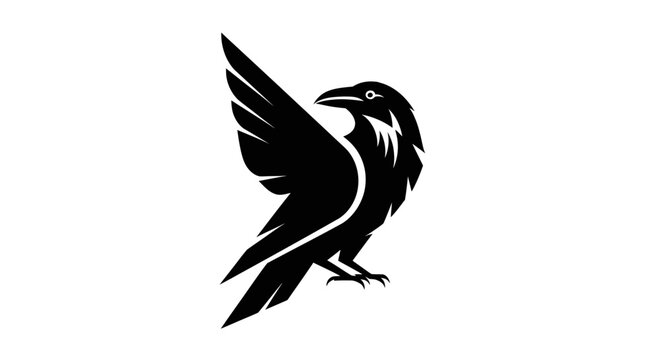 Black raven silhouette with outstretched wing against a white background