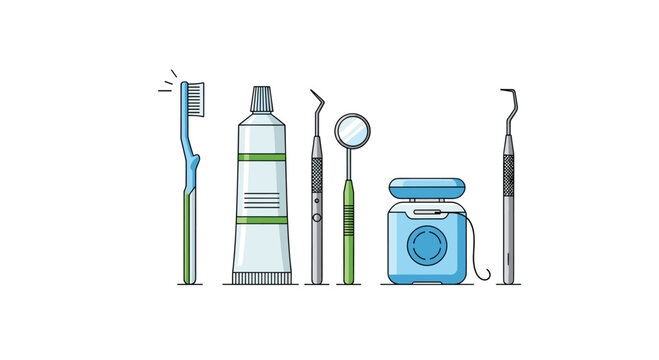 A comprehensive row of dental hygiene tools including a toothbrush, toothpaste tube, metal picks, a mirror, and blue dental floss on white surface.