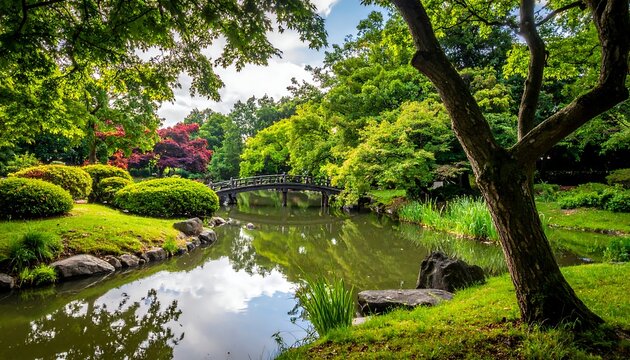 Serene water and lush foliage, a tranquil footbridge spans the stream in this vibrant, peaceful garden scene