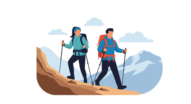 Young couple equipped with backpacks and walking poles enjoys a hiking adventure on a rocky mountain trail under clouds.