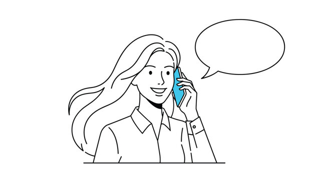 Smiling business woman with long hair talks on her blue smartphone next to an empty speech bubble for custom text.