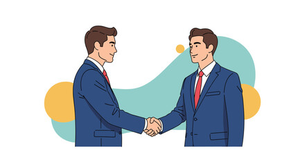 Fototapeta premium Two professional businessmen in blue suits shaking hands in front of an abstract background to finalize a successful partnership deal.