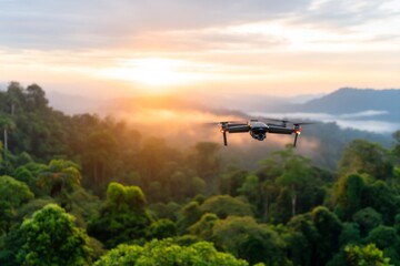 Fototapeta premium Drone Flying Above Lush Tropical Rainforest with Mist and Sunrise Background