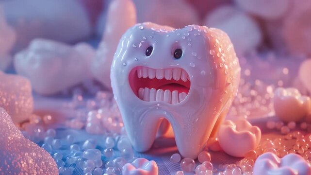 Pastel tooth with sparkling surface and open mouth. Surrounded by sugary, dreamlike shapes. Soft pink and purple lighting enhances whimsy. Ideal for dental, health, or playful concepts