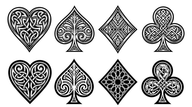 Set of decorative playing card suits icons with celtic and geometric patterns. Heart, Spade, Diamond, and Club symbols in ornate tribal tattoo style. Black and white vector illustrations.