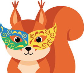 Fototapeta premium Squirrel wears a colorful ornate masquerade mask while posing for a whimsical woodland celebration portrait.