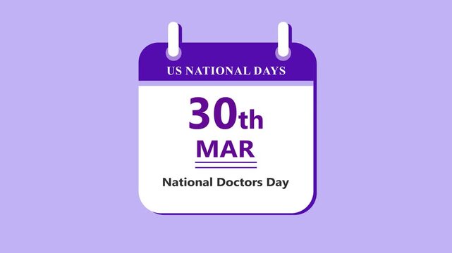 Healthcare celebration calendar interface featuring 30th March National Doctors Day with clean minimal date layout and medical theme on purple background 4k animation video
