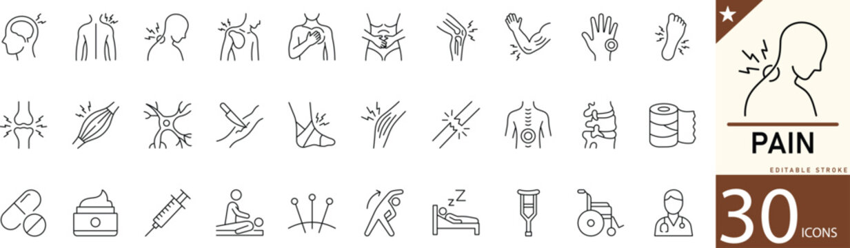 Minimal Pain line icons for injury, body pain, headache, health issues, and medical care. Perfect for healthcare apps, medical projects, and wellness platforms