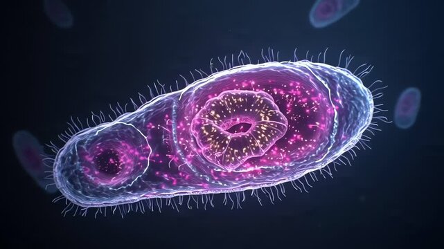 close up microscopic view of glowing purple and pink ciliate protozoan with detailed internal structures