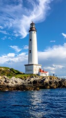 Obraz premium White lighthouse on a rocky outcrop against a blue, cloud-streaked sky