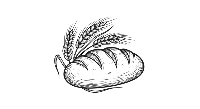 A crusty loaf of bread with wheat ears on top is illustrated