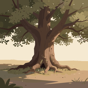 Majestic Old Tree Illustration with Exposed Roots