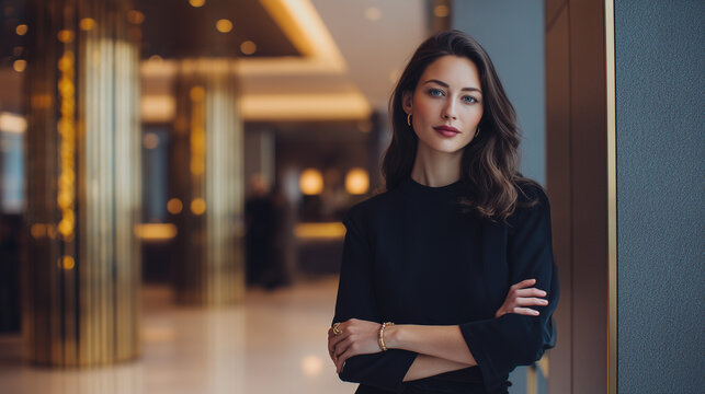 luxury banking advertisement with confident professional standing in modern office, high-end financial services campaign with successful business person, sophisticated corporate environment
