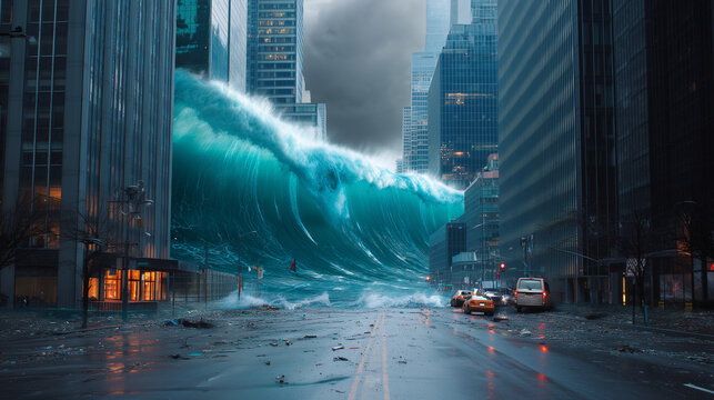 Giant tsunami wave between city skyscrapers, urban flood disaster, extreme weather catastrophe, climate crisis concept a colossal turquoise tsunami wave surging through a modern do