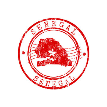 Senegal red rubber stamp with map and national flag star, vector illustration