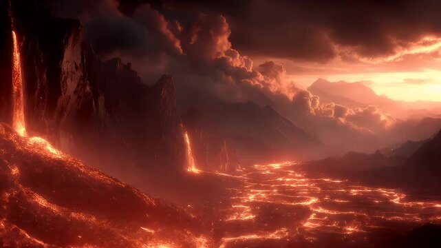 Outdoor exploration adventure. A vivid digital artwork depicts a solitary figure standing on a rocky outcrop, gazing at a fiery landscape. The figure wears a dark jacket and pants.